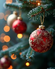 Christmas tree decorated with ornaments, creating a festive atmosphere and bokeh lights. The image is filled with warm and inviting tones