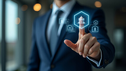 Fototapeta premium Suited Legal Expert Engaging with Virtual Justice Icons: A Modern Concept of Comprehensive Legal Services in Stock Photography with Space for Customization