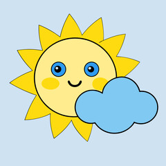 A yellow cartoon sun with a smiling face peeks from behind a cute cloud, radiating bright sunshine
