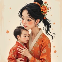 Mother and Child in Traditional Attire, Warm and Loving, Holding Each Other Tenderly Against a Soft Beige Background