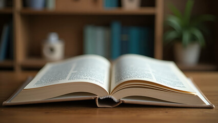Fototapeta premium Close up of opened book on wooden table showcasing education concept learning and academic study in classic workspace concept as Close up of opened book on wooden table showcasing education concept le