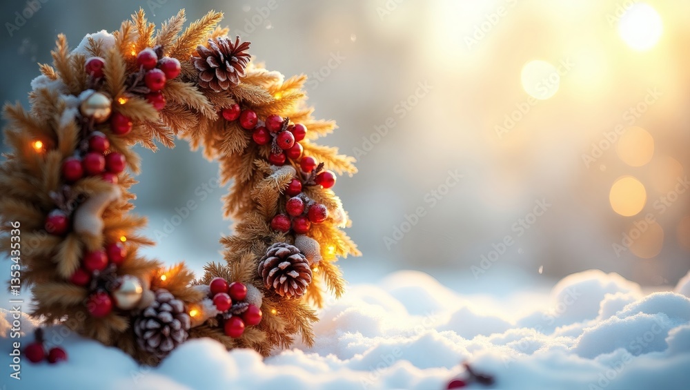 Poster a charming winter wreath decorated with pinecones and red berries rests in the snow, evoking the war