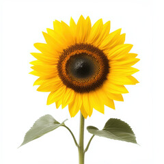 Fototapeta premium Bright yellow sunflower with green leaves on white background