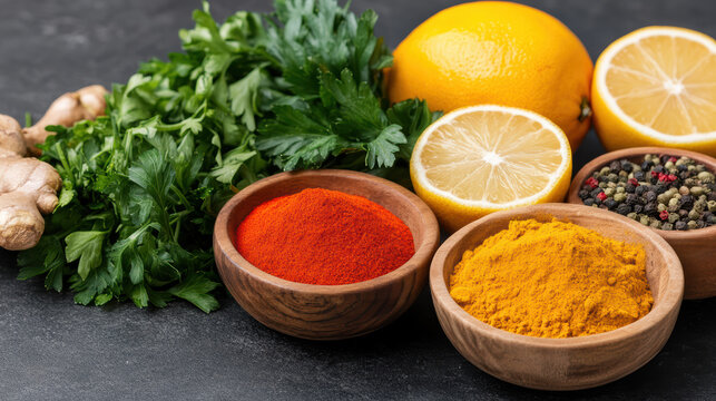 Fresh herbs and spices arranged beautifully with citrus fruits, showcasing vibrant colors and
