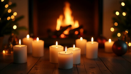 Cozy Holiday Setting: Flat Cute Vector Illustration of Candles and Glowing Fireplace for Inviting Ambiance in Holiday Marketing and Home Decor Themes