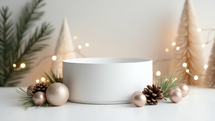Minimalist White Container with Festive Decor: Sleek Modern Holiday Presentation for Seasonal Advertising