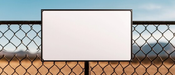 Blank billboard on a fence in a scenic outdoor landscape under a clear blue sky.