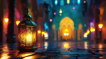 Obraz premium A vibrant night in Ramadan featuring a colorful mosque and a glowing lantern with evening light in 3D.