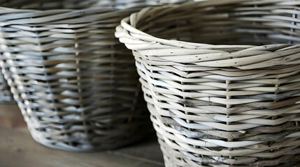 A close-up of woven baskets showcasing their intricate design and texture.