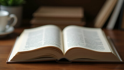 Close-Up of Opened Book on Wooden Table: A Classic Workspace Concept for Education, Learning, and Academic Study with Empty Space for Creative Use in Photo Stock