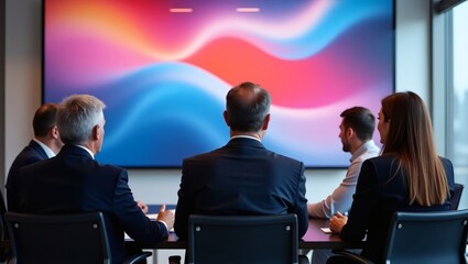 business meeting is ongoing, with a large screen in front displaying abstract graphics. Five businesspeople seated around a table are focused on the presentation