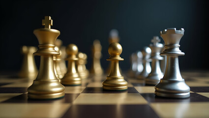 Flat Gold and Silver Chess Pieces on Board: A Business Metaphor for Strategic Leadership and Thinking