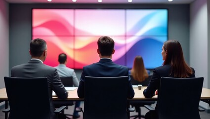 business team members in a modern conference room, focused on a large screen