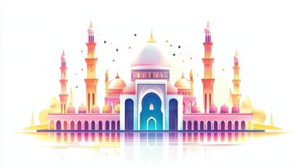 Fototapeta premium Soft, colorful vector illustration of a mosque for Eid al-Adha Mubarak and Ramadan Kareem on a clean white background.