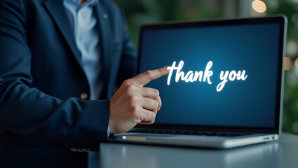 Flat Businessman using laptop and touching the message thank you on a display screen concept of thank you business congratulations appreciation gratitude presentation from technology digital. concept 