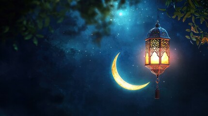 Greeting card background with a glowing crescent moon and a hanging lantern, evoking the spirit of Ramadan Kareem.