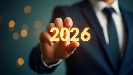 New Year 2026: Embrace New Business Opportunities and Life Planning Challenges with Strategic Insights for Entrepreneurs - Visualize Your Success with a Businessman Touching the Status Bar