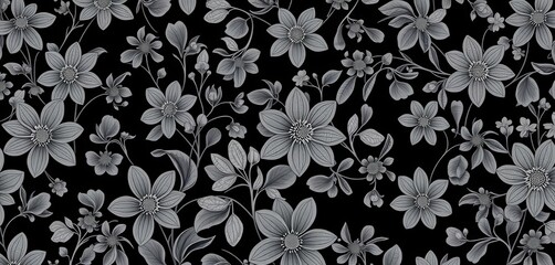 Obraz premium Subtle grayscale botanical shapes form a continuous, elegant, abstract floral pattern, neutral, grayscale