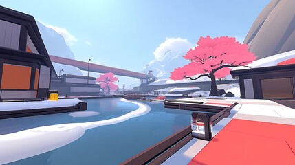 Obraz premium A stylized landscape featuring water buildings and pink blossom trees