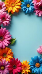 Fototapeta premium Top view of a variety of brightly colored blossoms forming a colorful edge, petals, seasonal, botanical
