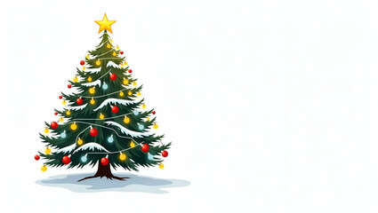 Obraz premium Stunning Vector Illustration of a Christmas Tree Adorned with Colorful Lightbulbs, Shimmering Stars, and Festive Balls, Set Against a White Background with Snow on Leaves and Empty Space for Your Desi