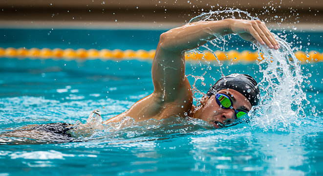 Competitive Swimmer in Action: Freestyle Stroke in Indoor Pool
