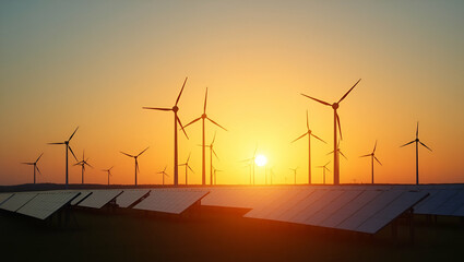 Obraz premium Stunning Sunset Silhouette of Solar Panels and Wind Turbines: A Symbol of Renewable Energy and Sustainable Power Generation for a Greener Future - Photo Stock Concept