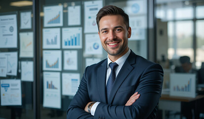 Fototapeta premium Portrait of a smiling, confident businessman in a dark suit and tie, arms crossed. He stands in a modern office setting with charts and graphs visible in the background.