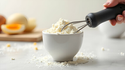 Flat Eggs tapioca flour in a cup and egg beater concept as Eggs and tapioca flour in cup with egg beater highlighting baking preparation simplicity and culinary creativity in  Simple flat cute vector 