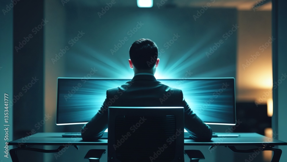 Poster a person working on a dual-monitor setup with a futuristic digital glow