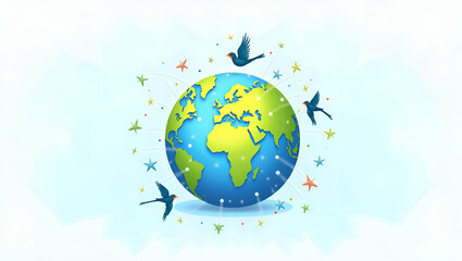 Fototapeta premium Flat Watercolor Global Network Globe Illustration for Tech Themes