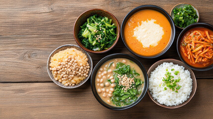 vibrant spread of traditional dishes featuring rice, miso soup, and various vegetable sides