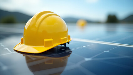 Yellow Safety Helmet on Solar Panel: Workplace Safety & Renewable Energy