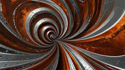 A surreal metallic vortex with layers of rusted spirals and shiny silver highlights.