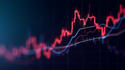 Vibrant Neon Stock Market Financial Graph: Uptrend Line with Candlestick Chart on Widescreen Background Illustrating Positive Trends and Space for Customization