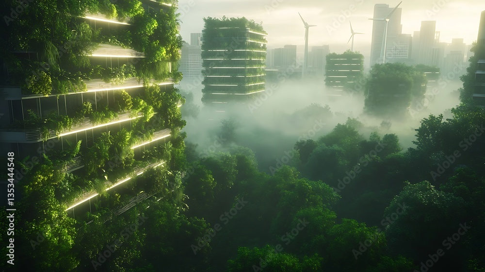 Poster futuristic city with greenery integrated into architecture, surrounded by mist and wind turbines.