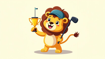 Fototapeta premium Cute Cartoon Lion in Golf Cap with Club and Trophy - Playful Sports Theme for Children's Designs and Marketing Concepts - Perfect Stock Photo with Empty Space for Customization