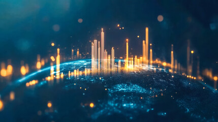 Futuristic glowing cityscape rising from digital earth with illuminated skyscrapers and abstract network connections in deep space. Copy space