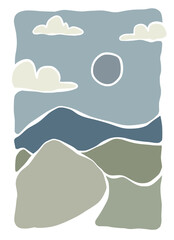 Abstract landscape mountains panorama posters. Organic doodle shapes matisse style, naive art, contemporary backgrounds. Sea and mountains vector illustration	