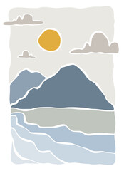 Hand draw sunset on beach lanscape panorama. Beach and mountains organic lines matisse style, naive art, contemporary backgrounds vector illustration