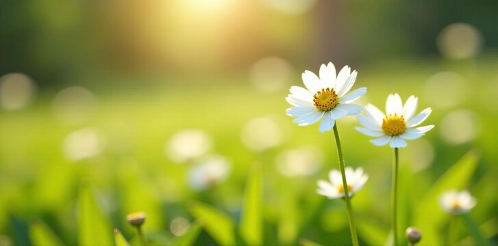 Close-up of delicate white and yellow flowers blooming in a sun-drenched wild flower meadow during spring, yellow, meadow - Powered by Adobe
