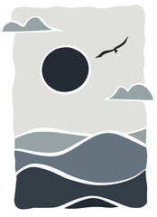 Hand draw sunset on sea lanscape panorama. Ocean and sun organic lines matisse style, naive art, contemporary backgrounds vector illustration