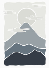 Mountains landscape panorama hand draw illustration. Sun and mountains organic lines matisse style, naive art, contemporary backgrounds vector illustration