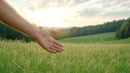 hand reaching out through tall grass, embracing nature beauty at sunset