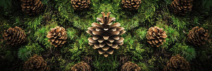 Symmetrical Pine Cones on Mossy Background