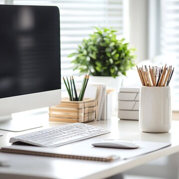 Organization tools on clean desk, productivity station with efficiency focus, work theme