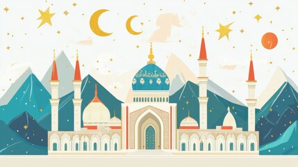 Fototapeta premium Colorful illustration of a fairy tale mosque set against majestic mountains and a starry sky, capturing a magical atmosphere filled with enchanting symbols and patterns.