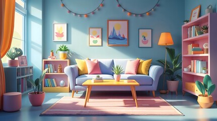 Modern living room with sofa, table, and stylish decor