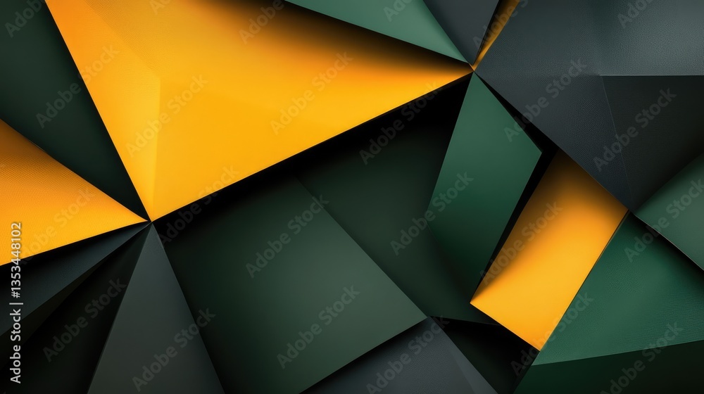 Poster abstract geometric background featuring sharp triangular shapes in green and yellow tones, creating 