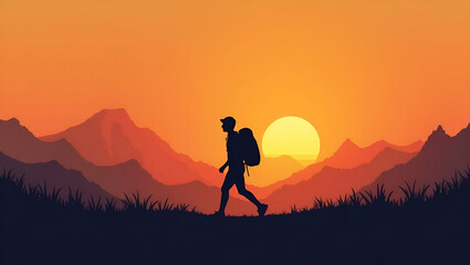 Flat Silhouette of young backpacker man walking during sunset illustrating adventure travel exploration and outdoor spirit in scenic setting concept as Silhouette of young backpacker walking during su